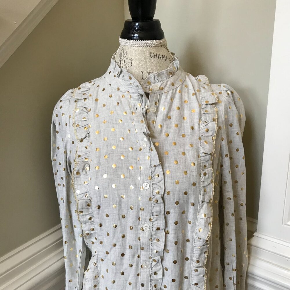 Boden Isla Frill Metallic Dot Shirt Blouse Womens 6 Gray Gold Long Sleeve Ruffle - Picture 4 of 12